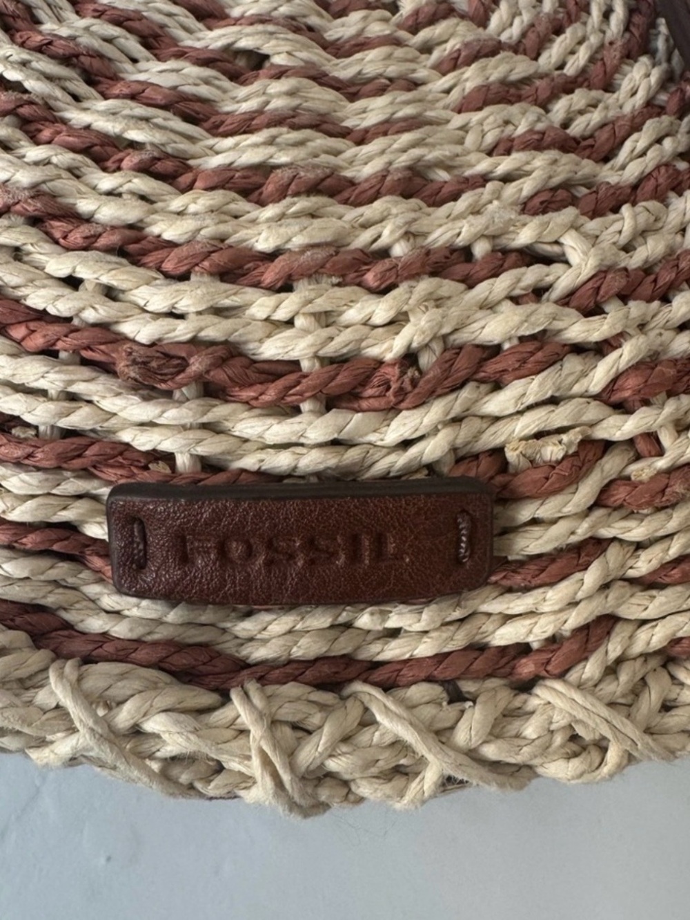 Fossil Round Woven Crossbody in Brown and Cream with Pom-Poms - Picture 2 of 3